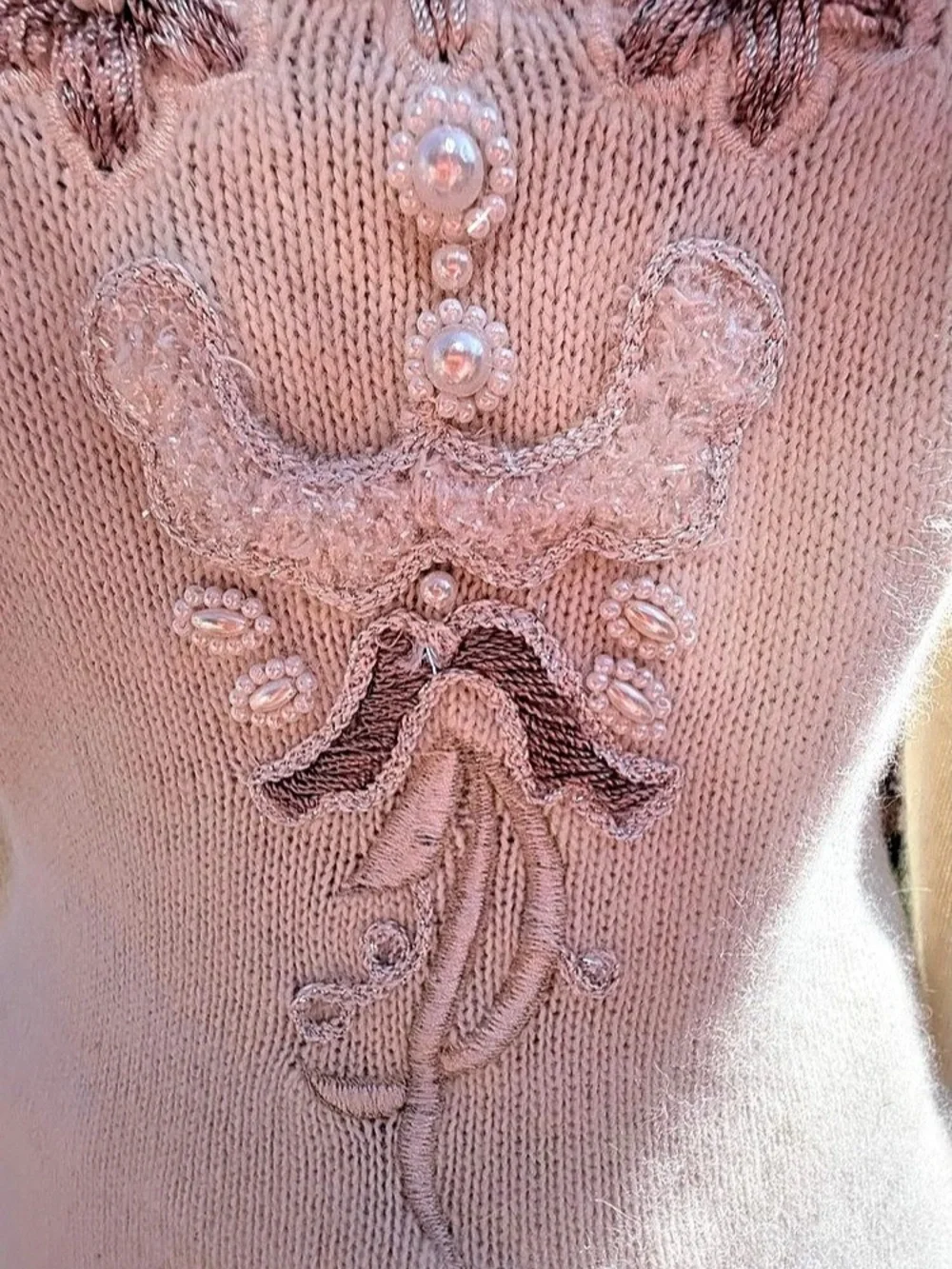 Vintage 90 Ivory Angora Knit Peplum Skirt & Sweater Set Floral Beaded Lace M